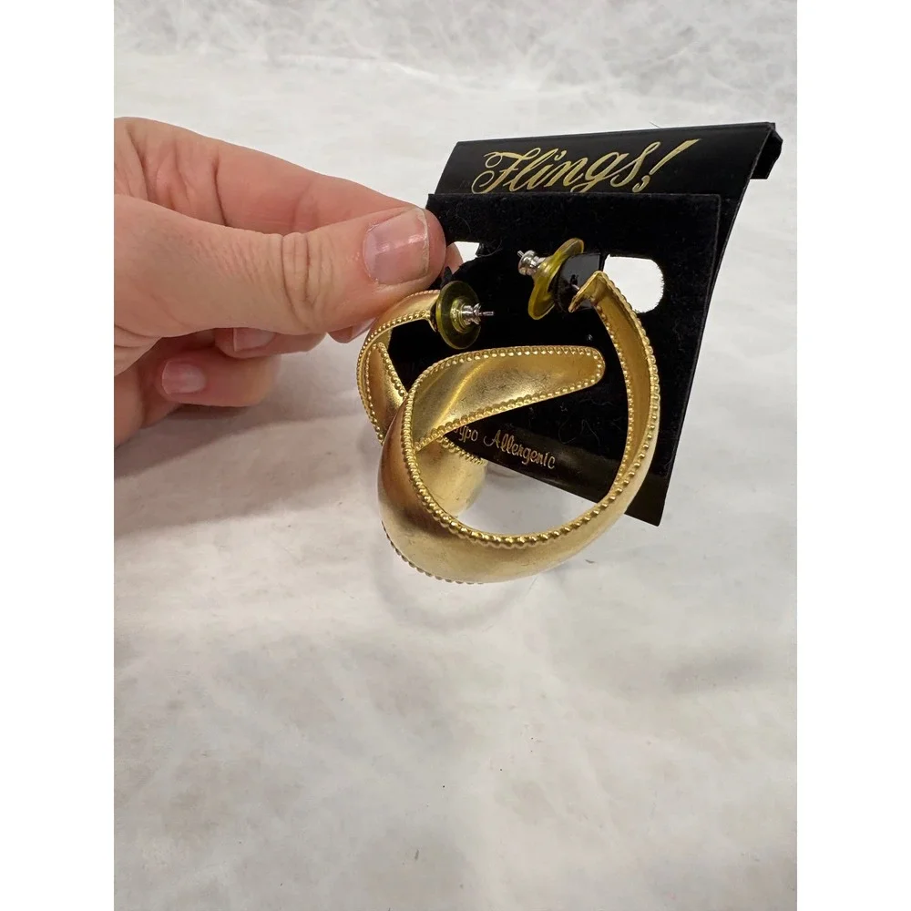 Flings Gold‎ Tone Twisted Hoop Earrings Beaded Edge Hypoallergenic Statement